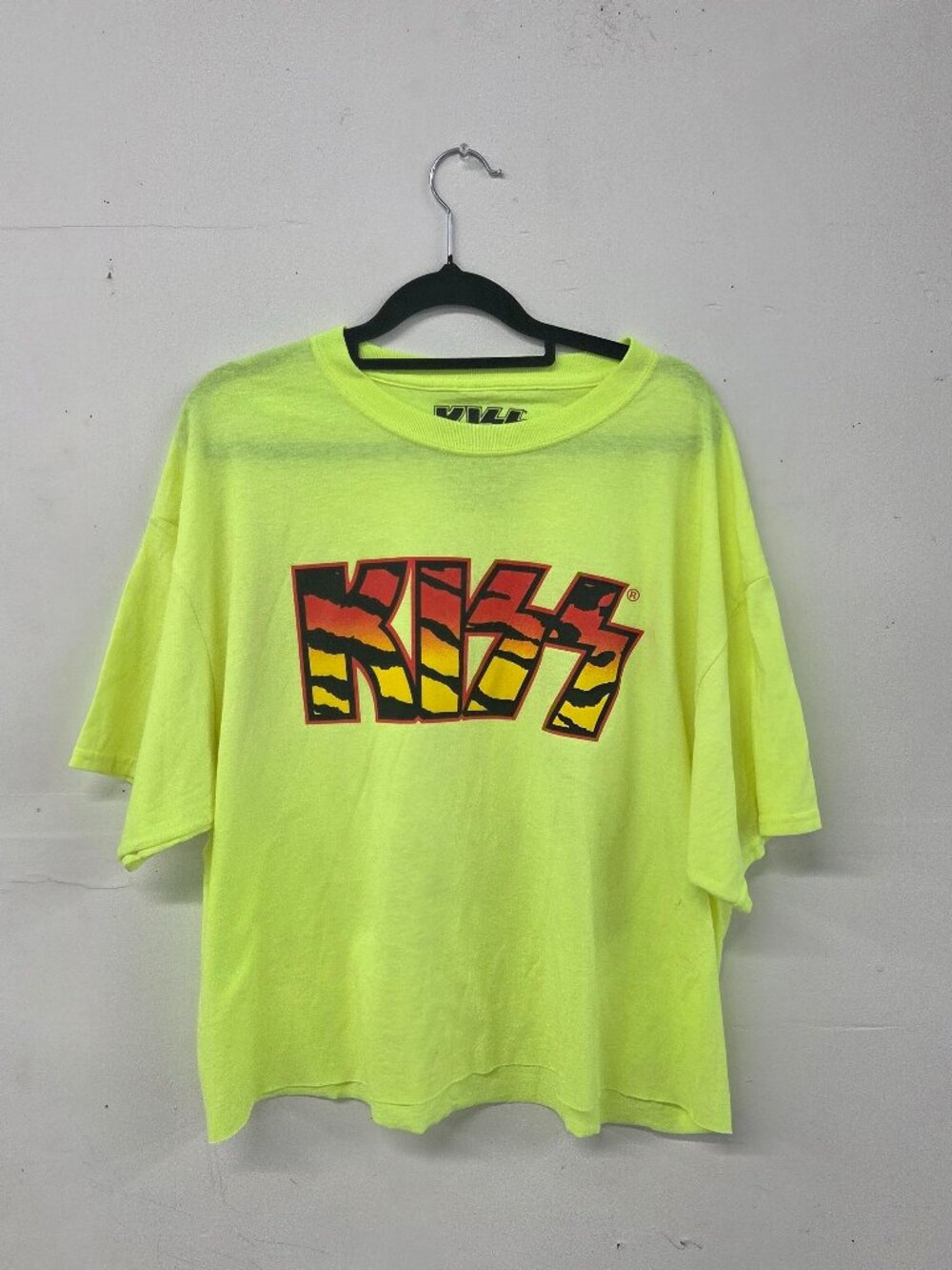 KISS Band Tiger Stripe Flame Graphic Tee Neon Green Bright